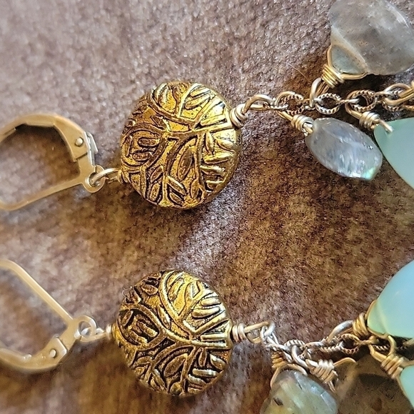 Vtg Brass Moonstone Labrodite Dangle Drop Leverback Hook Earrings - Picture 5 of 6